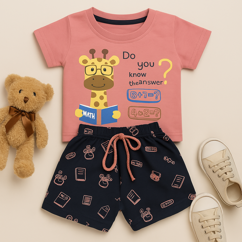 Mini Hug Pink & Navy Giraffe Math Print Suit Set – Zero Size (0–3 Months)