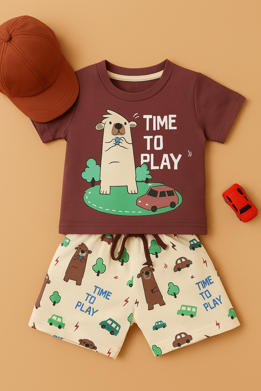 Mini Hug Reddish Purple “Time to Play” T-Shirt & Fun Print Shorts Set – Zero Size (0–3 Months)