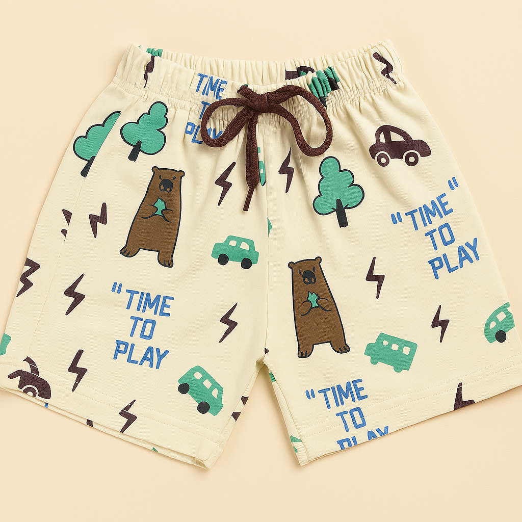 Mini Hug Reddish Purple “Time to Play” T-Shirt & Fun Print Shorts Set – Zero Size (0–3 Months)